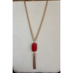 Long tassel necklace Red Cabochon Tassel Pendant Gold Tone Rope Chain